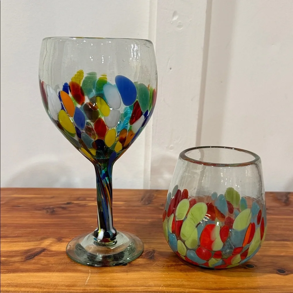 Hand Blown in Mexico Rainbow Confetti Art Glass Wine Glasses x 2